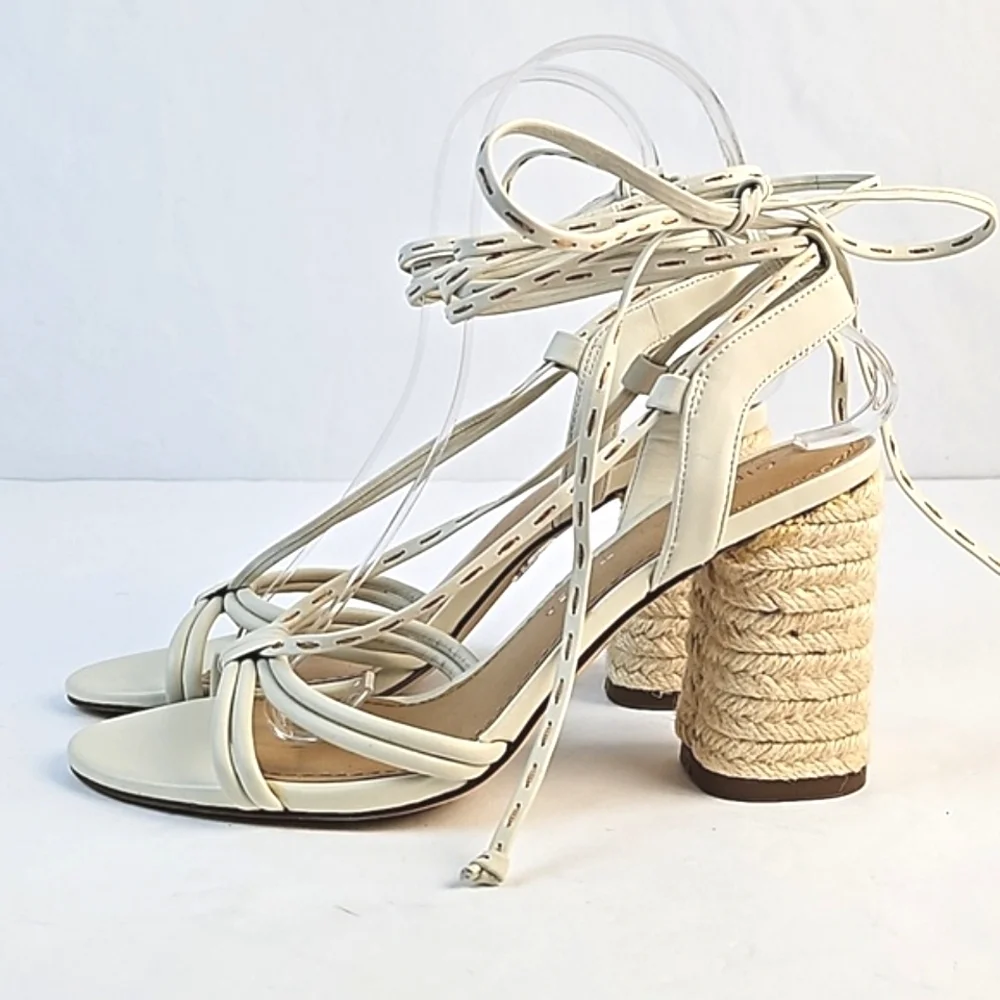 Gibson Latimer Tasha Sheep Leather Cream Open Toe Ankle Wrap Block Heel Sandal - Picture 7 of 16